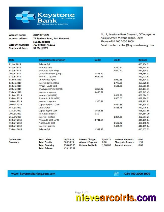 Nigeria Keystone Bank statement